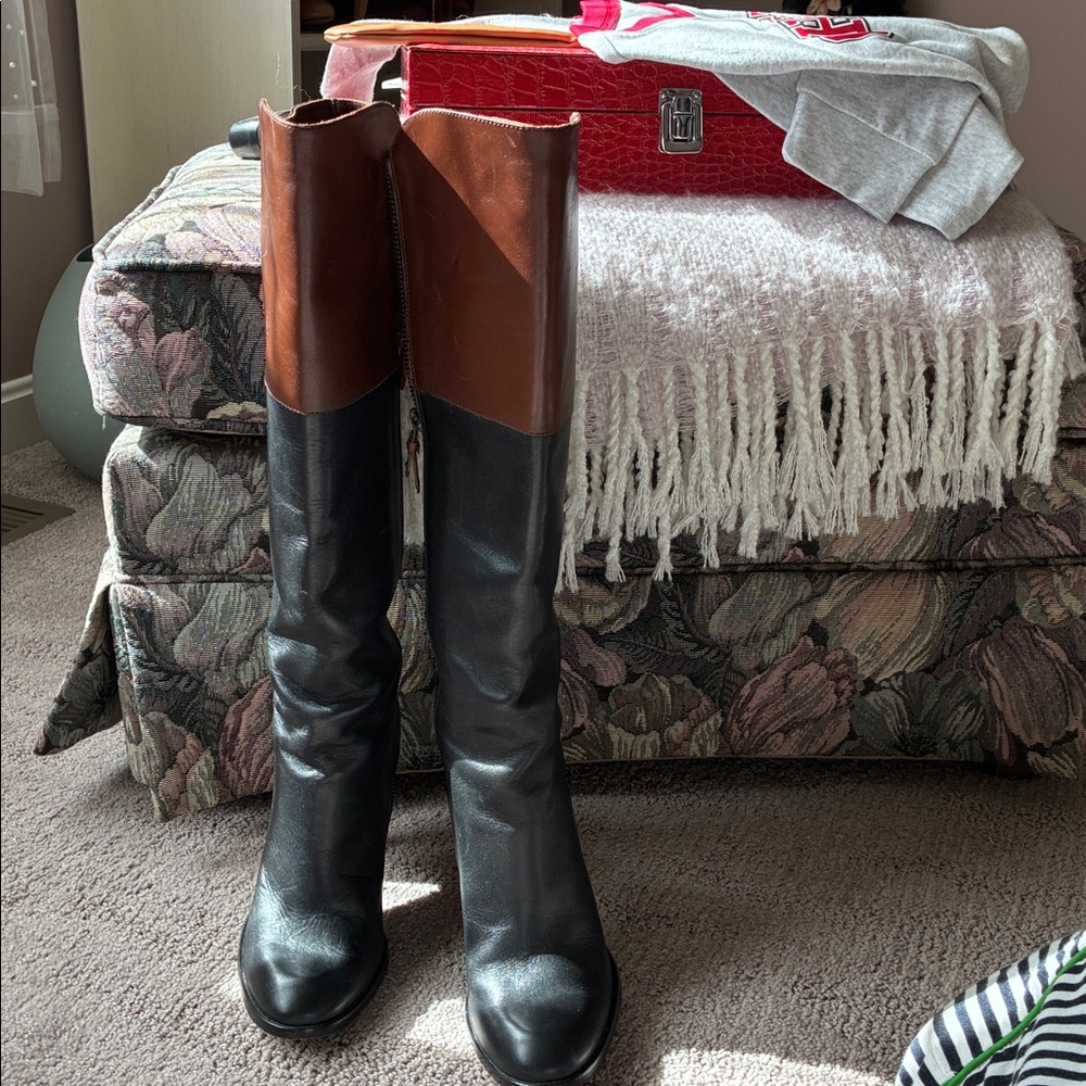 Cole Hahn Brown/Black Leather Knee-High Boots 4” heel, 18” tall, wore twice